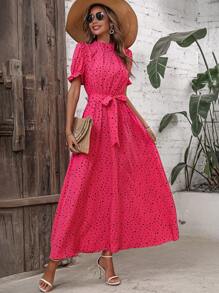 Breezaya Đầm Thắt lưng Xù Chấm bi Giải trí - Màu Hồng Tươi - Xem 3