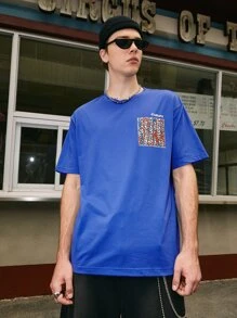 男士字母圖案落肩T恤 - 藍色 - 查看 1