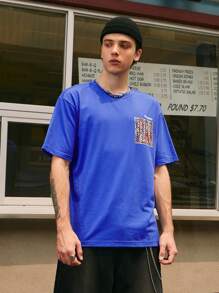 男士字母圖案落肩T恤 - 藍色 - 查看 3