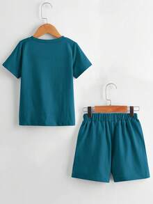 SHEIN Bộ thời trang bé trai Đắp vá màu trơn Giải trí - Màu xanh ngọc - Xem 8