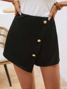 SHEIN Clasi 紐扣細節不對稱下擺裙裤 - 黑色 - 查看 3