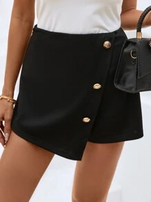 SHEIN Clasi 紐扣細節不對稱下擺裙裤 - 黑色 - 查看 5