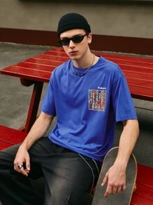 男士字母圖案落肩T恤 - 藍色 - 查看 4