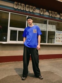 男士字母圖案落肩T恤 - 藍色 - 查看 5