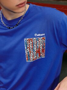 男士字母圖案落肩T恤 - 藍色 - 查看 6