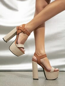Women Two Tone Chunky Heeled Ankle Strap Sandals, Vacation Outdoor Heeled Sandals