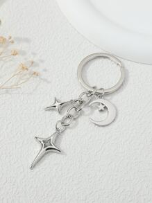 Simple Design Zinc Alloy Keychain With Rhinestone Inlaid Four-Pointed Star And Crescent Moon Shaped Charm Car Accessories Bag Charm School Cute Goth Y2k Bag Accessories Lanyards With Id Holder Car Accessories Bag Charms Car Teacher Friend Sister Gift Ideas - Silver - View 1