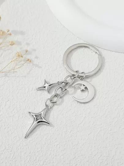 Simple Design Zinc Alloy Keychain With Rhinestone Inlaid Four-Pointed Star And Crescent Moon Shaped Charm Car Accessories Bag Charm School Cute Goth Y2k Bag Accessories Lanyards With Id Holder Car Accessories Bag Charms Car Teacher Friend Sister Gift Ideas