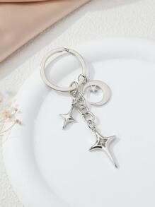 Simple Design Zinc Alloy Keychain With Rhinestone Inlaid Four-Pointed Star And Crescent Moon Shaped Charm Car Accessories Bag Charm School Cute Goth Y2k Bag Accessories Lanyards With Id Holder Car Accessories Bag Charms Car Teacher Friend Sister Gift Ideas - Silver - View 2