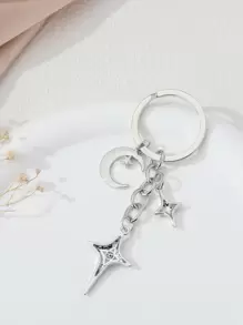 Simple Design Zinc Alloy Keychain With Rhinestone Inlaid Four-Pointed Star And Crescent Moon Shaped Charm Car Accessories Bag Charm School Cute Goth Y2k Bag Accessories Lanyards With Id Holder Car Accessories Bag Charms Car Teacher Friend Sister Gift Ideas - Silver - View 3