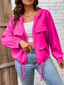 Calvaya Plus Flap Pocket Drawstring Hem Hooded Jacket - Hot Pink - View 2