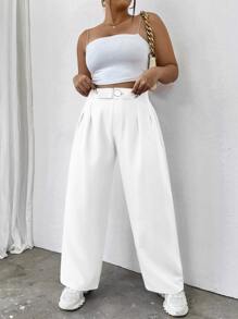 SHEIN LUNE Plus High Waist Plicated Detail Trousers - White - View 4