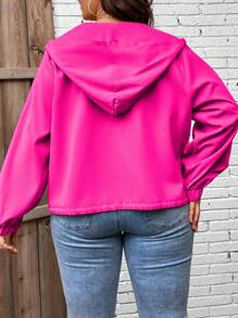 Calvaya Plus Flap Pocket Drawstring Hem Hooded Jacket - Hot Pink - View 3