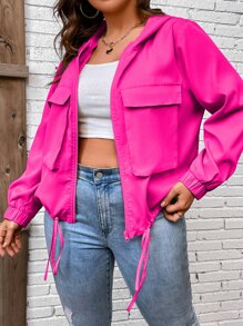 Calvaya Plus Flap Pocket Drawstring Hem Hooded Jacket - Hot Pink - View 4