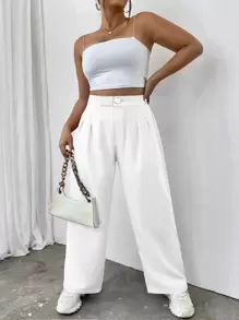 SHEIN LUNE Plus High Waist Plicated Detail Trousers - White - View 7