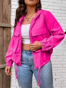Calvaya Plus Flap Pocket Drawstring Hem Hooded Jacket - Hot Pink - View 6