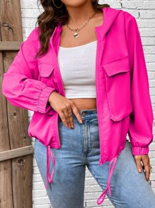 Calvaya Plus Flap Pocket Drawstring Hem Hooded Jacket - Hot Pink - View 7
