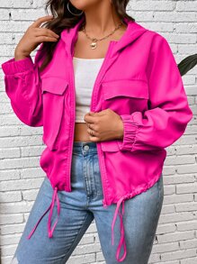 Calvaya Plus Flap Pocket Drawstring Hem Hooded Jacket - Hot Pink - View 8