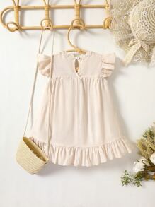 SHEIN Baby Girl Floral Embroidery Ruffle Trim Pocket Patched Flounce Hem Dress - Apricot - View 2