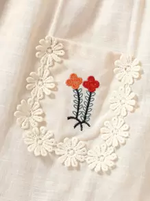 SHEIN Baby Girl Floral Embroidery Ruffle Trim Pocket Patched Flounce Hem Dress - Apricot - View 5