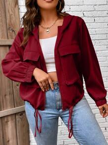 Calvaya 大碼翻蓋口袋抽繩下擺連帽夾克 - 酒紅色 - 查看 2