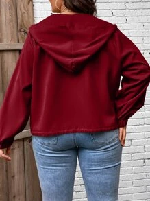 Calvaya 大碼翻蓋口袋抽繩下擺連帽夾克 - 酒紅色 - 查看 3