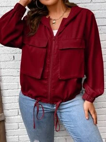 Calvaya 大碼翻蓋口袋抽繩下擺連帽夾克 - 酒紅色 - 查看 4