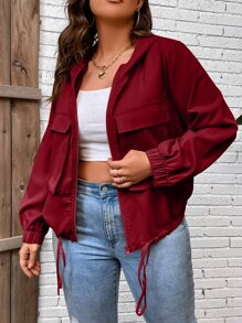 Calvaya 大碼翻蓋口袋抽繩下擺連帽夾克 - 酒紅色 - 查看 5