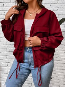 Calvaya 大碼翻蓋口袋抽繩下擺連帽夾克 - 酒紅色 - 查看 6