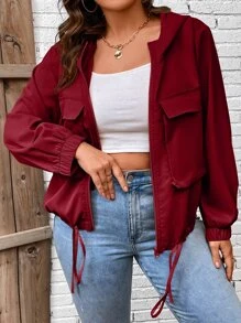 Calvaya 大碼翻蓋口袋抽繩下擺連帽夾克 - 酒紅色 - 查看 7