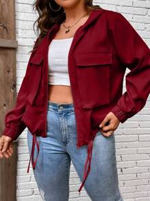 Calvaya 大碼翻蓋口袋抽繩下擺連帽夾克 - 酒紅色 - 查看 8