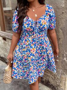 SHEIN Holidaya Plus Allover Floral Print Knot Front Dress