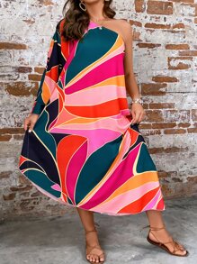 SHEIN Clasi Plus Colorblock One Shoulder Dress - Multicolor - View 4