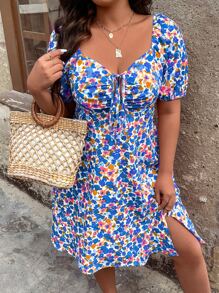 SHEIN Holidaya Plus Allover Floral Print Knot Front Dress