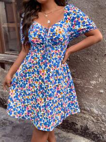 SHEIN Holidaya Plus Allover Floral Print Knot Front Dress