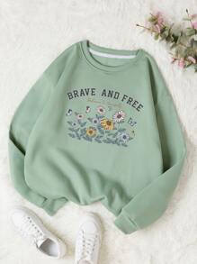 SHEIN EZwear Floral & Slogan Graphic Thermal Lined Sweatshirt - Mint Green - View 1