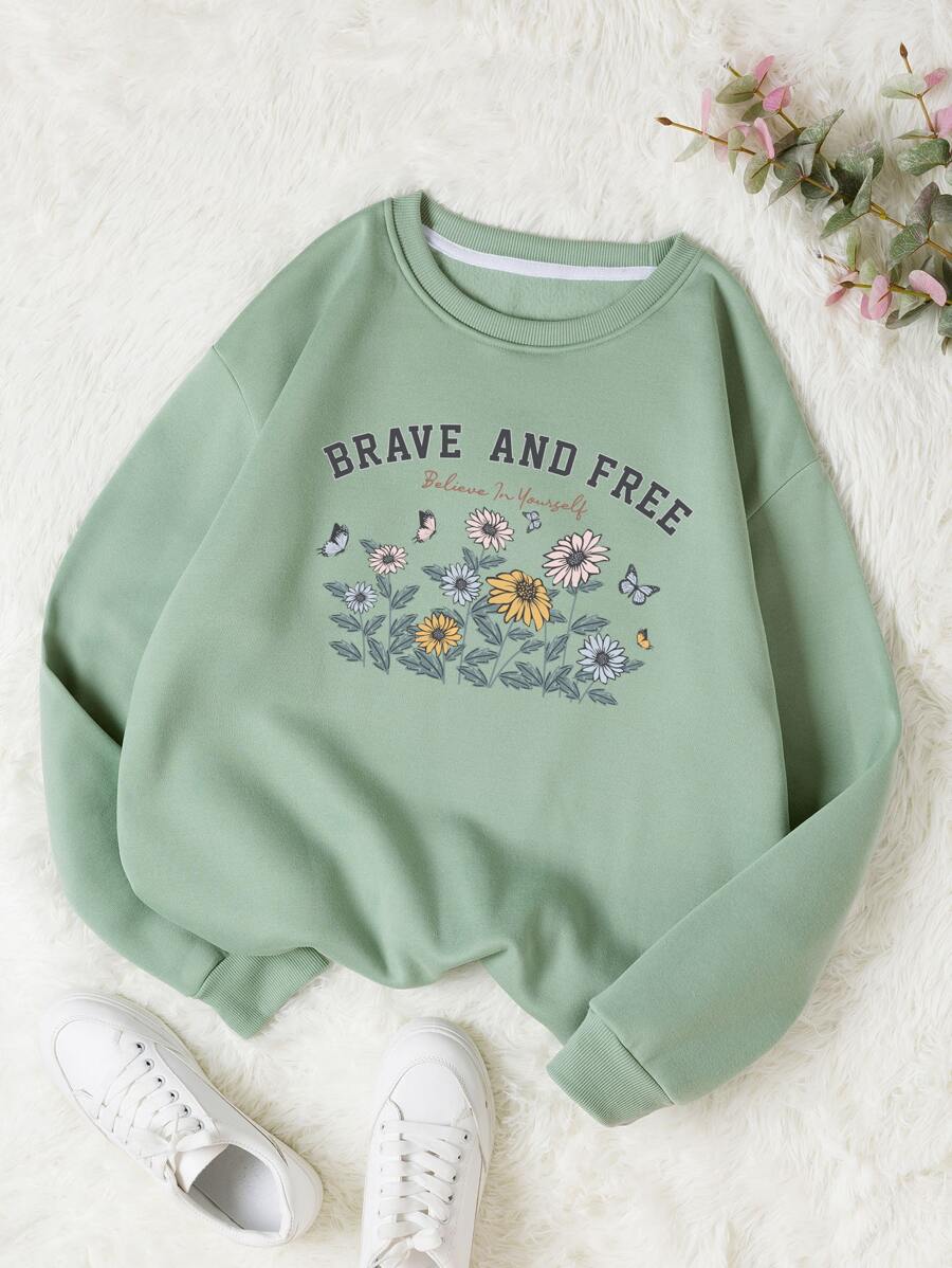 SHEIN EZwear Floral & Slogan Graphic Thermal Lined Sweatshirt - Mint Green - View 1