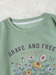SHEIN EZwear Floral & Slogan Graphic Thermal Lined Sweatshirt - Mint Green - View 6