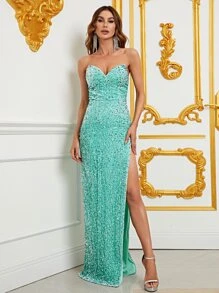 Split Thigh Sequin Tube Formal Dress - Mint Green - View 1