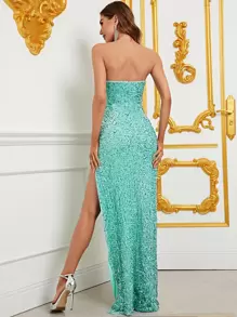 Split Thigh Sequin Tube Formal Dress - Mint Green - View 2