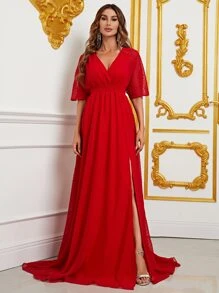 圓點高衩雪紡連衣裙 - 紅色 - 查看 1