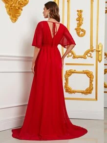 圓點高衩雪紡連衣裙 - 紅色 - 查看 2