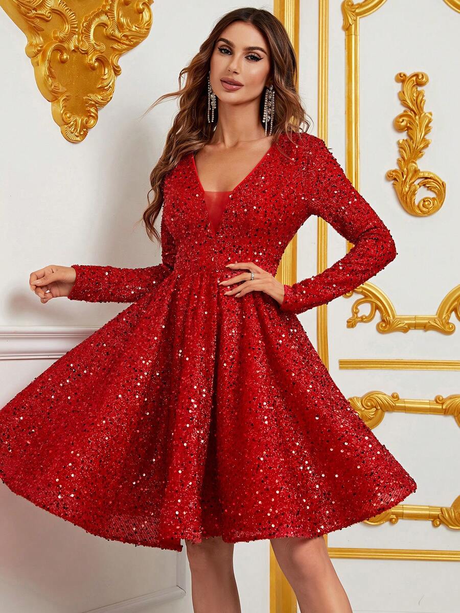Women's Sequined Evening Gown With V-Neckline & Long Sleeves - Flared A-Line Formal Dress For Black-Tie Galas, Opera Performances, Red-Carpet Events, Wedding Receptions, Luxury New Year's Eve Parties - Red - View 1