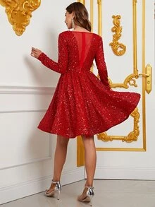 Women's Sequined Evening Gown With V-Neckline & Long Sleeves - Flared A-Line Formal Dress For Black-Tie Galas, Opera Performances, Red-Carpet Events, Wedding Receptions, Luxury New Year's Eve Parties - Red - View 2