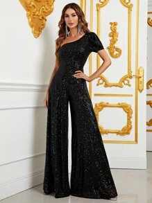 單肩泡泡袖亮片連身褲 - 黑色 - 查看 1