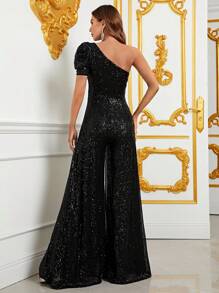 單肩泡泡袖亮片連身褲 - 黑色 - 查看 2