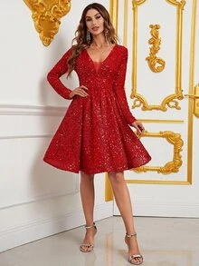 Women's Sequined Evening Gown With V-Neckline & Long Sleeves - Flared A-Line Formal Dress For Black-Tie Galas, Opera Performances, Red-Carpet Events, Wedding Receptions, Luxury New Year's Eve Parties - Red - View 3