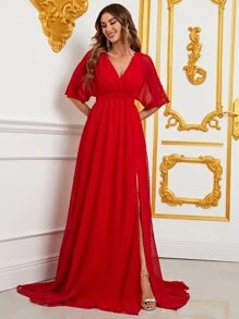 圓點高衩雪紡連衣裙 - 紅色 - 查看 6