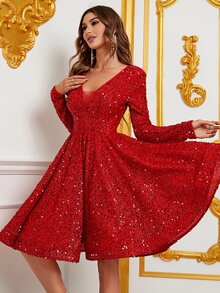 Women's Sequined Evening Gown With V-Neckline & Long Sleeves - Flared A-Line Formal Dress For Black-Tie Galas, Opera Performances, Red-Carpet Events, Wedding Receptions, Luxury New Year's Eve Parties - Red - View 4