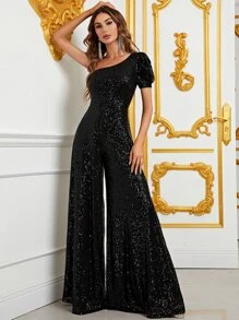 單肩泡泡袖亮片連身褲 - 黑色 - 查看 4